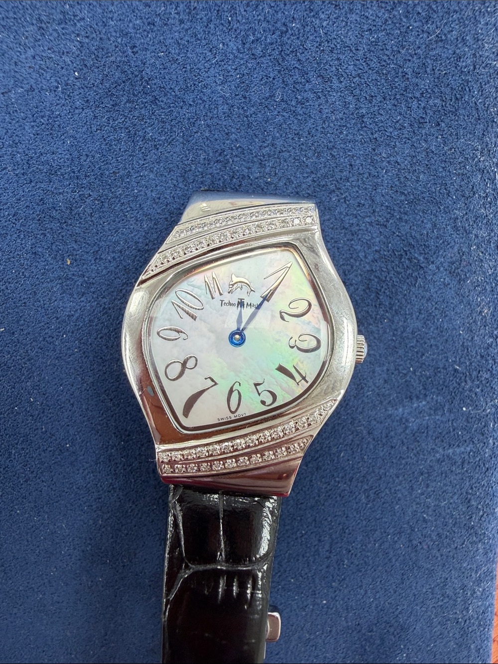 Techno Pave Diamond Accent Mother-of-Pearl Women's Watch - Black Strap